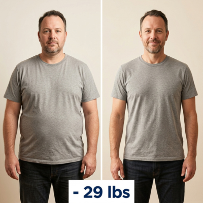 Weight loss transformation result — 29 lbs lost with GLP-1 semaglutide program