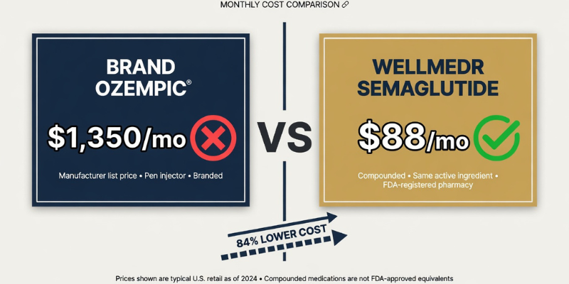 WellMedr Semaglutide $88/mo vs Brand Ozempic $1,350/mo price comparison